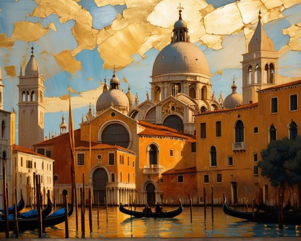 Venetian Sunset with Gondolas and Domed Architecture