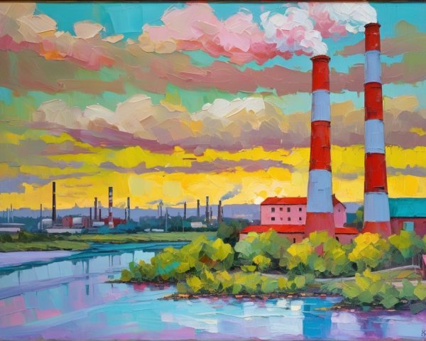 Vibrant Industrial Landscape with Sunset Reflection