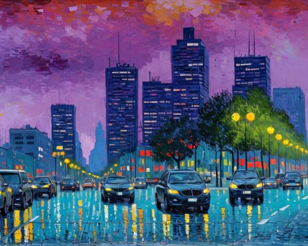 Vibrant cityscape at dusk with colorful skyline reflections
