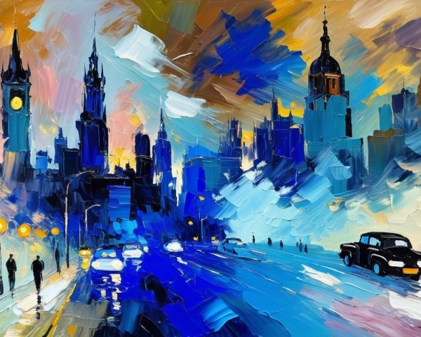 Vibrant Cityscape at Dusk with Iconic Buildings