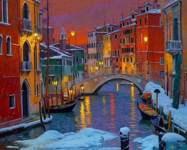 Winter Canal Scene with Colorful Venetian Buildings
