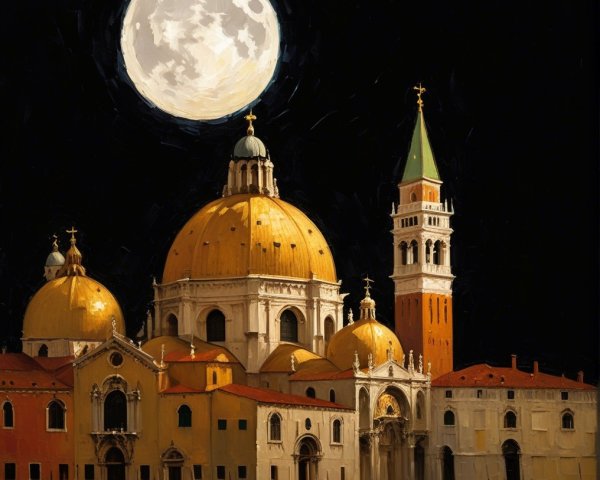 Night Scene with Full Moon Over Grand Architecture