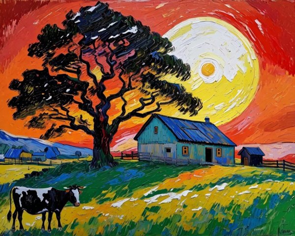 Vibrant Sunset Over Rural Landscape with Farmhouse
