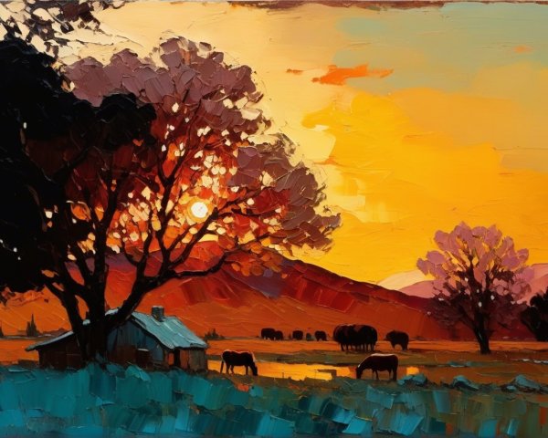 Vibrant Sunset Over Serene Landscape with Horses
