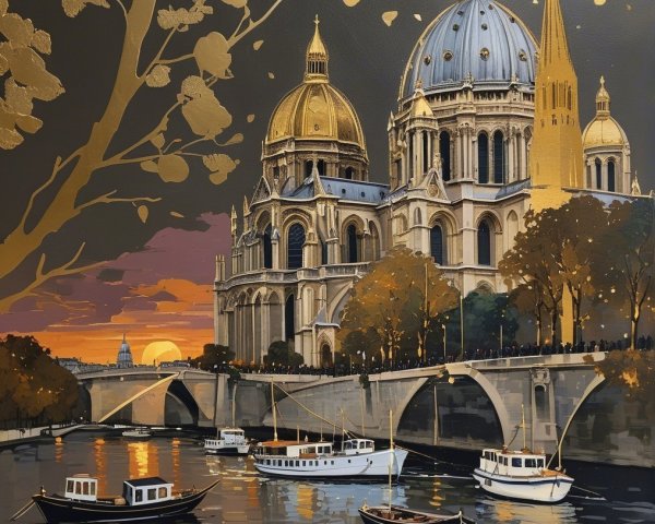 Riverside Scene with Church and Sunset Reflection