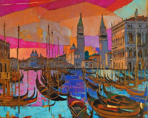 Vibrant Venetian Scene with Gondolas and Sunset Sky