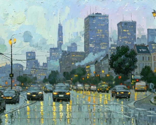 Vibrant City Street Scene Under Rainy Sky