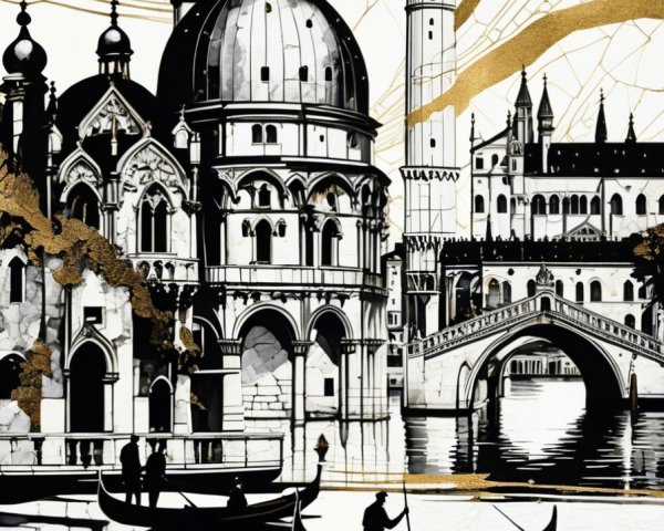 Black-and-White Historic Cityscape with Gondolas