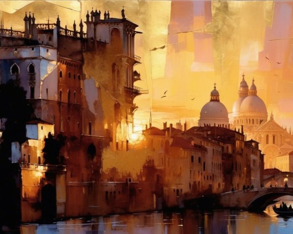 Sunset over a Venetian canal with elegant buildings