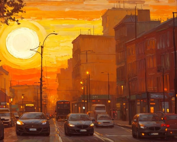 Urban Sunset Scene with Warm Hues and Street Activity