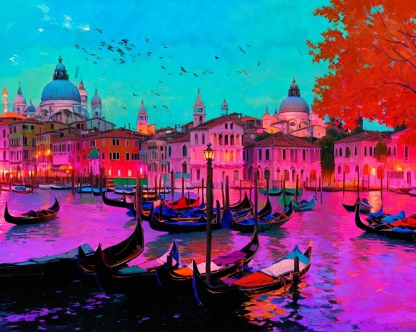 Colorful Sunset Scene of Venice with Gondolas and Sky