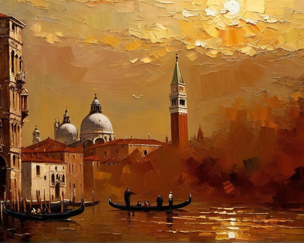 Serene Venetian Sunset with Gondolas and Historic Buildings