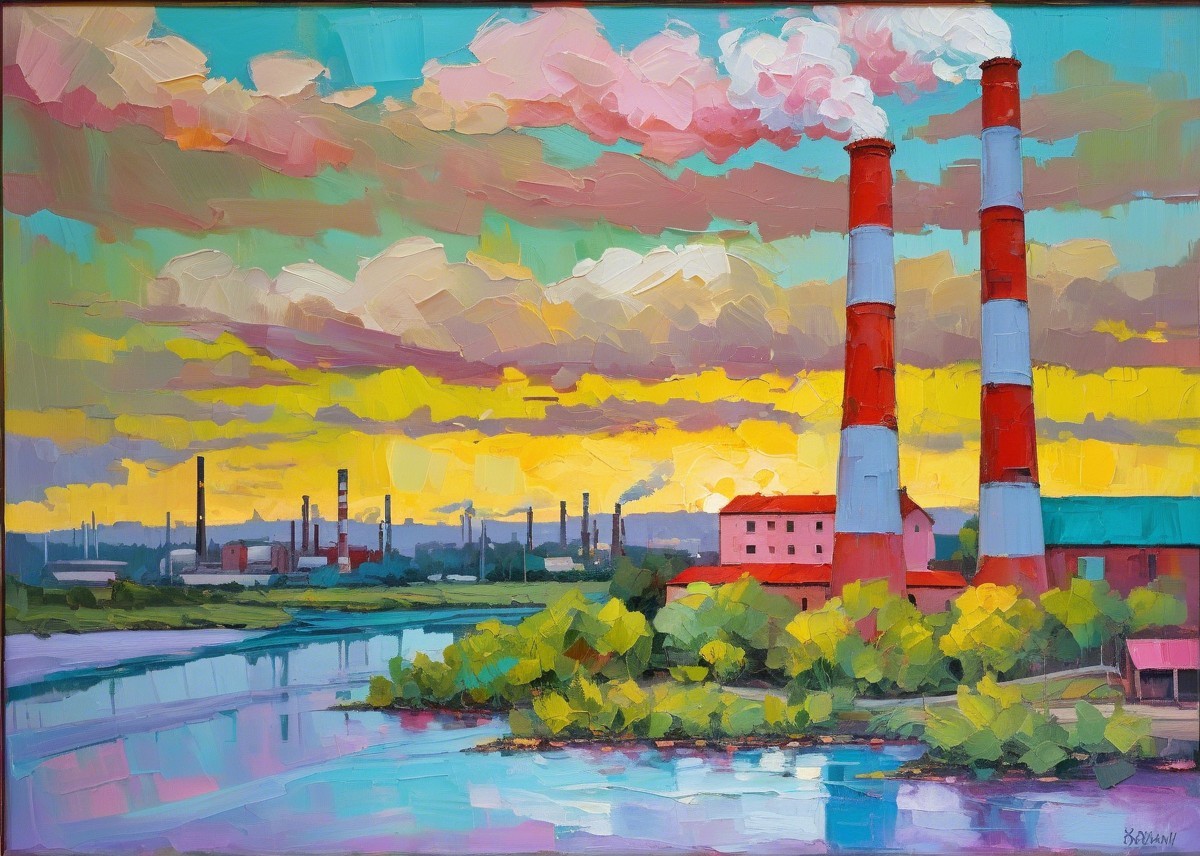 Vibrant Industrial Landscape with Sunset Reflection