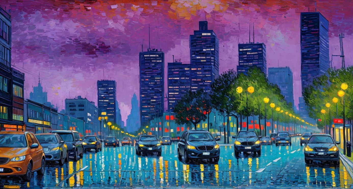 Vibrant cityscape at dusk with colorful skyline reflections