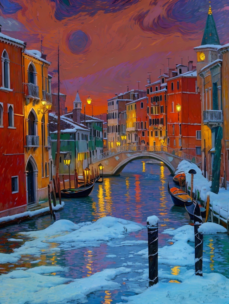 Winter Canal Scene with Colorful Venetian Buildings