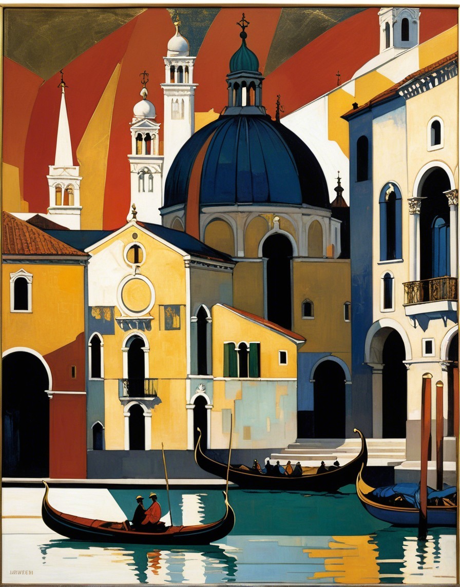 Stylized Venetian Scene with Colorful Buildings and Gondolas