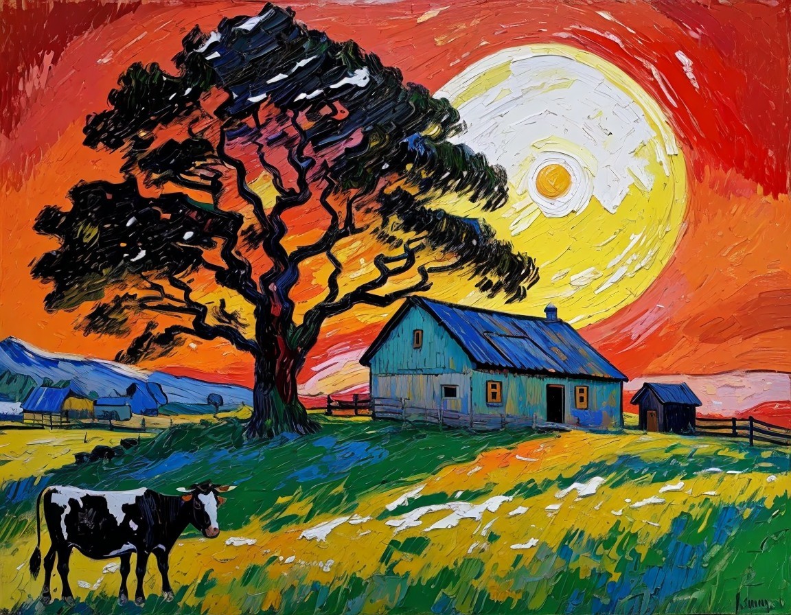 Vibrant Sunset Over Rural Landscape with Farmhouse