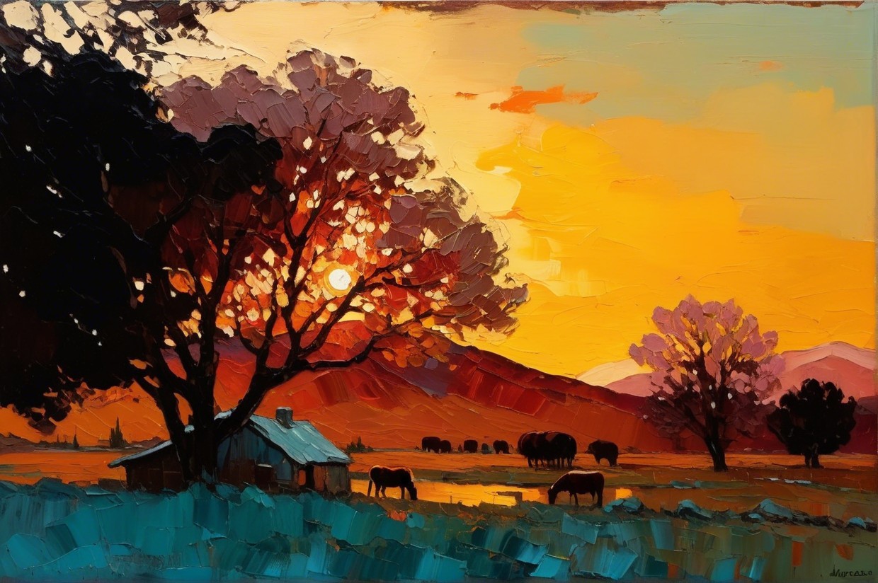 Vibrant Sunset Over Serene Landscape with Horses