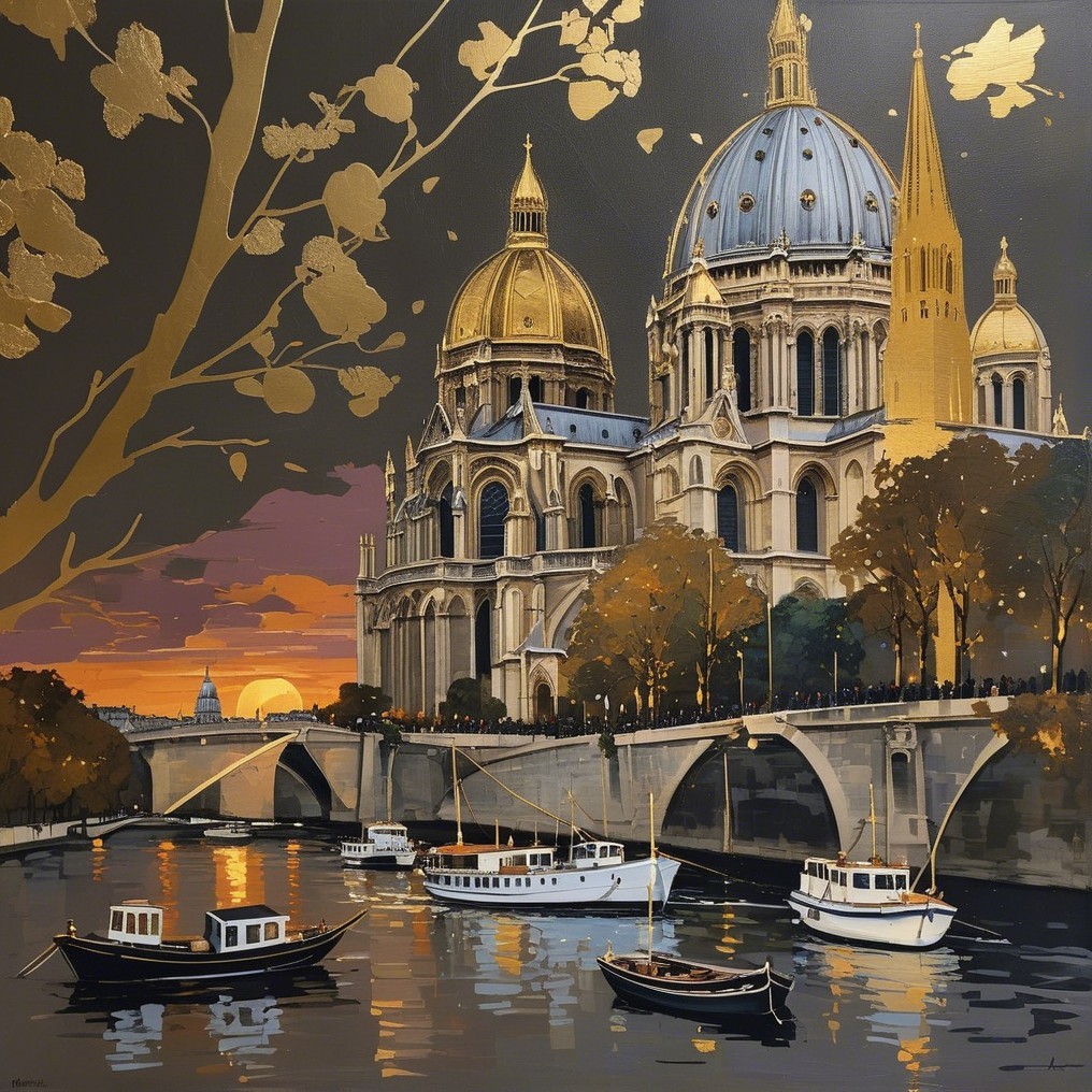 Riverside Scene with Church and Sunset Reflection