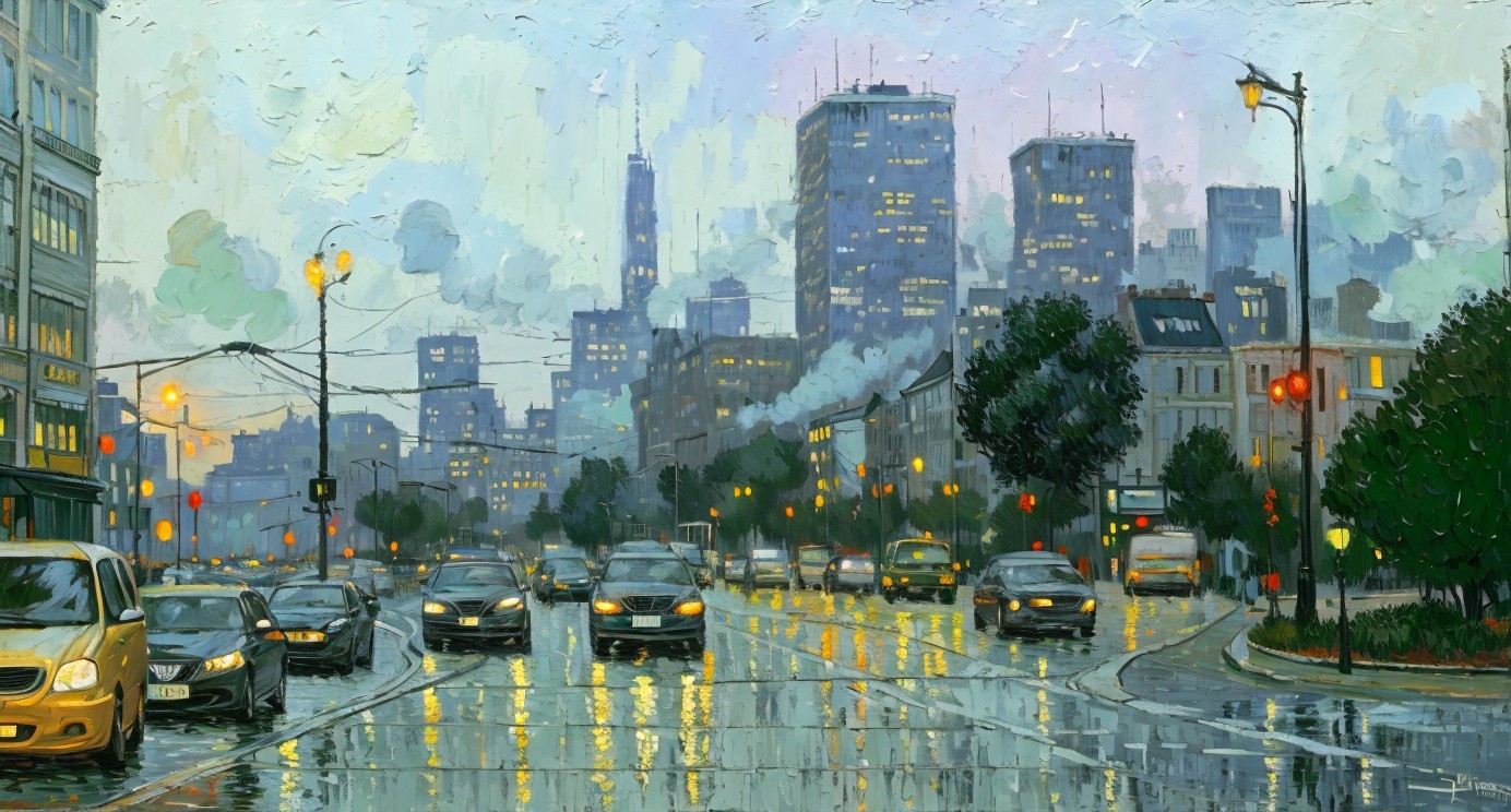 Vibrant City Street Scene Under Rainy Sky