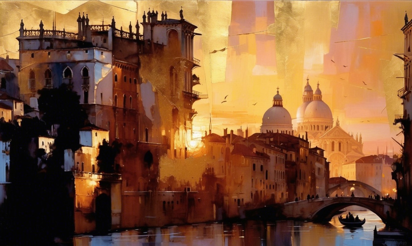 Sunset over a Venetian canal with elegant buildings