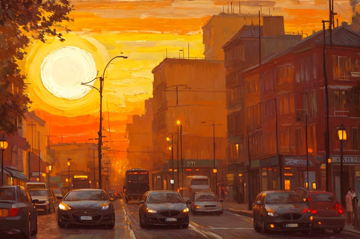 Urban Sunset Scene with Warm Hues and Street Activity