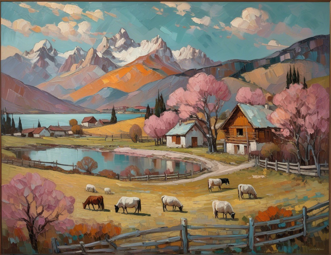 Vibrant Countryside Landscape with Cherry Blossoms