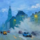 Twilight City Scene with Cars and Clock Tower