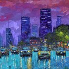 Vibrant cityscape at dusk with colorful skyline reflections