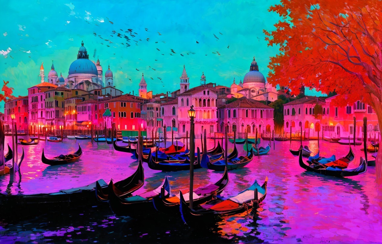 Colorful Sunset Scene of Venice with Gondolas and Sky