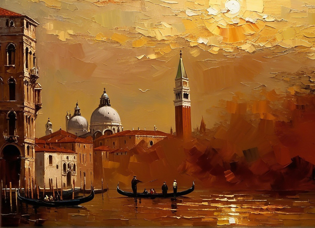 Serene Venetian Sunset with Gondolas and Historic Buildings