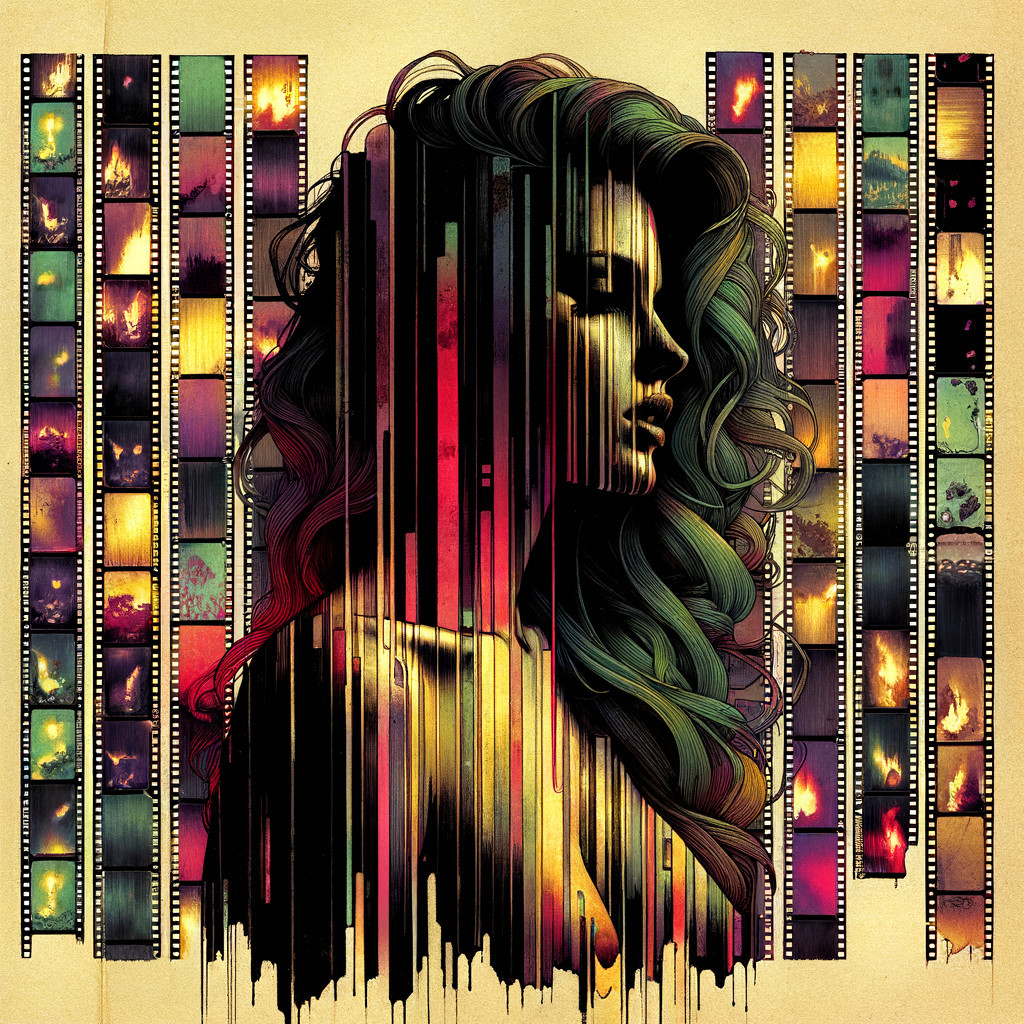 Silhouette of Woman with Film Strip Collage Design