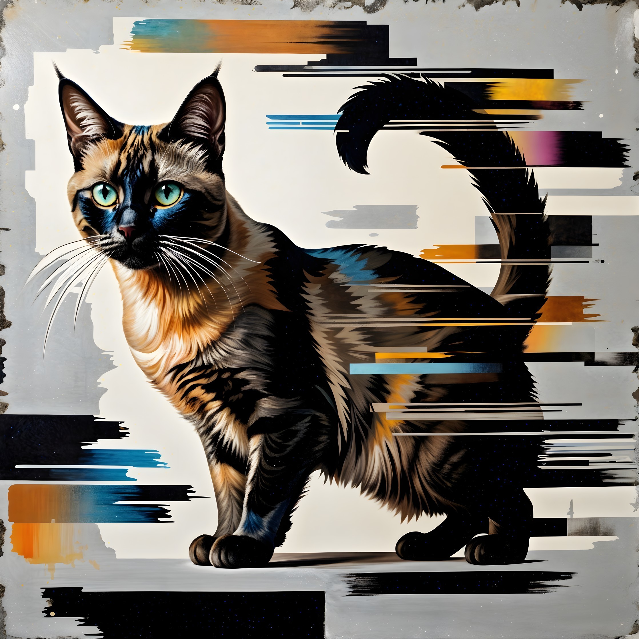 Stylized Cat Artwork with Vibrant Coat and Blue Eyes