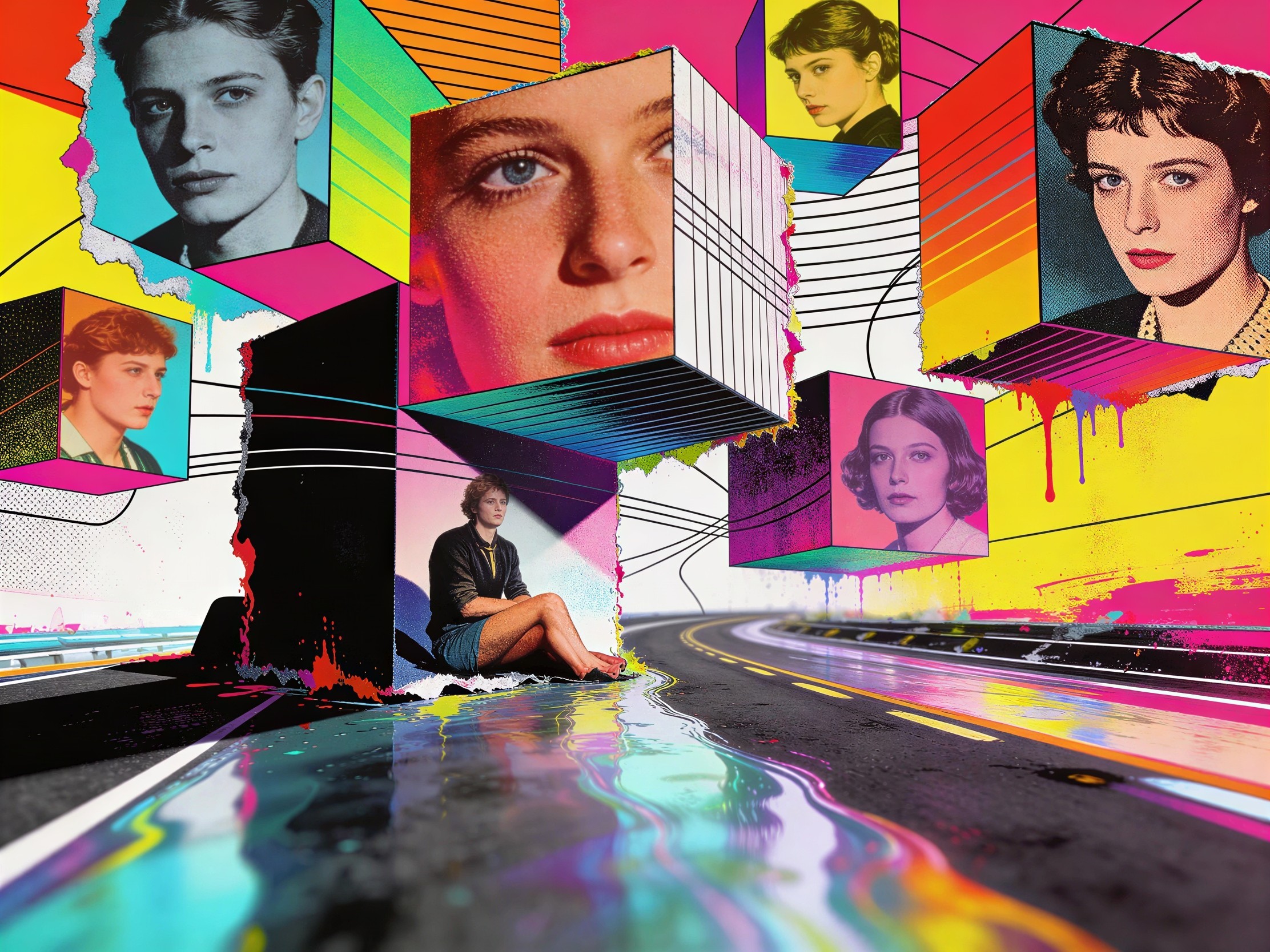 Pop Art Collage of Young Woman with Vibrant Background