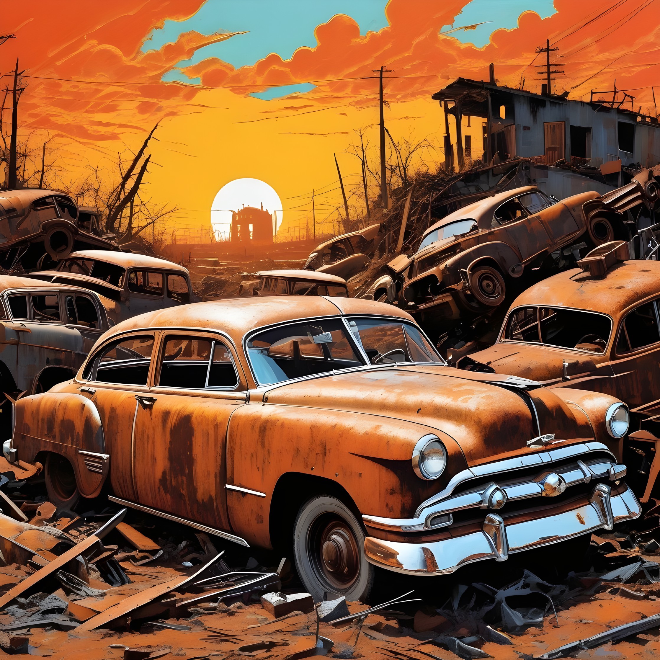 Vintage Orange Car in Post-Apocalyptic Landscape