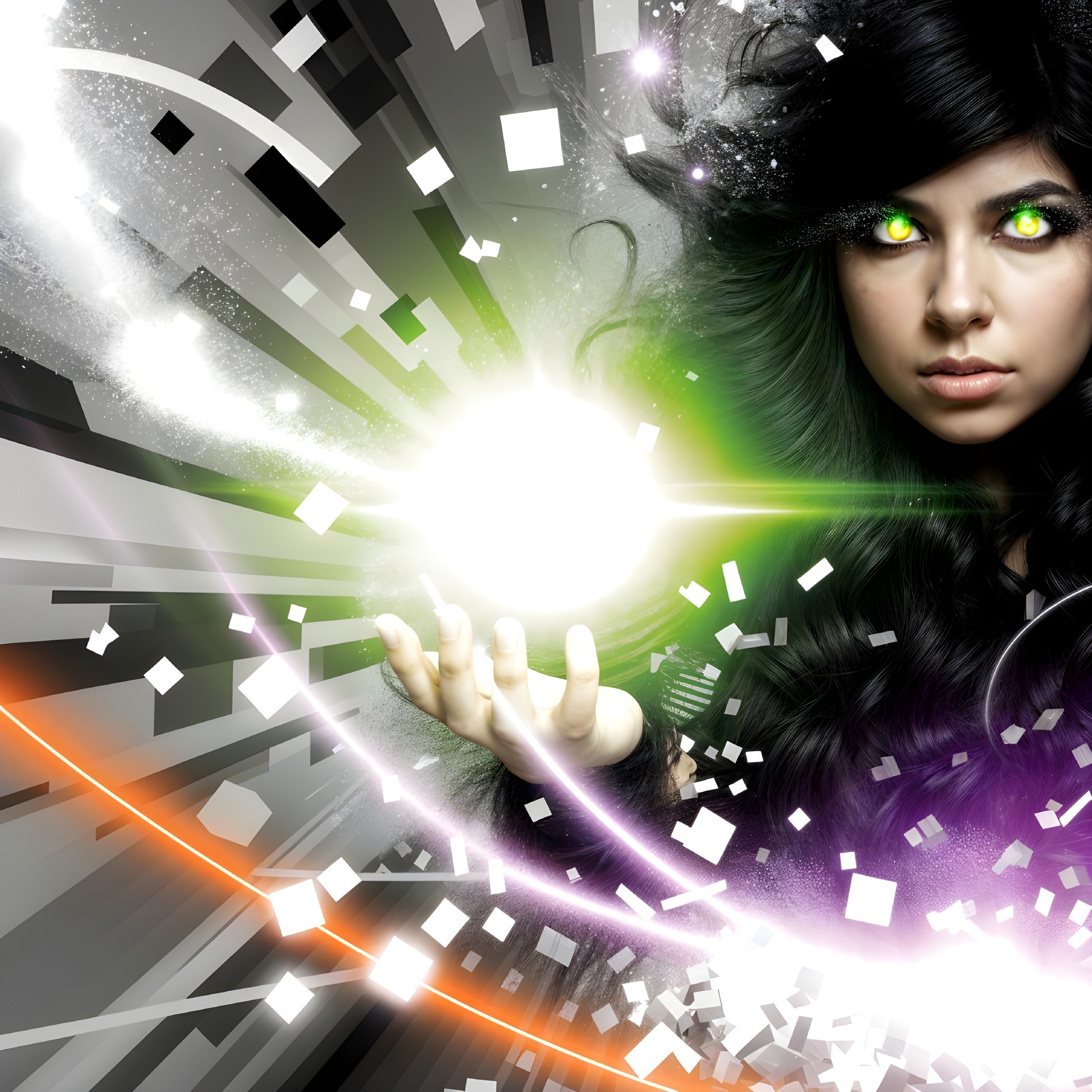 Mystical figure with glowing green eyes and orb