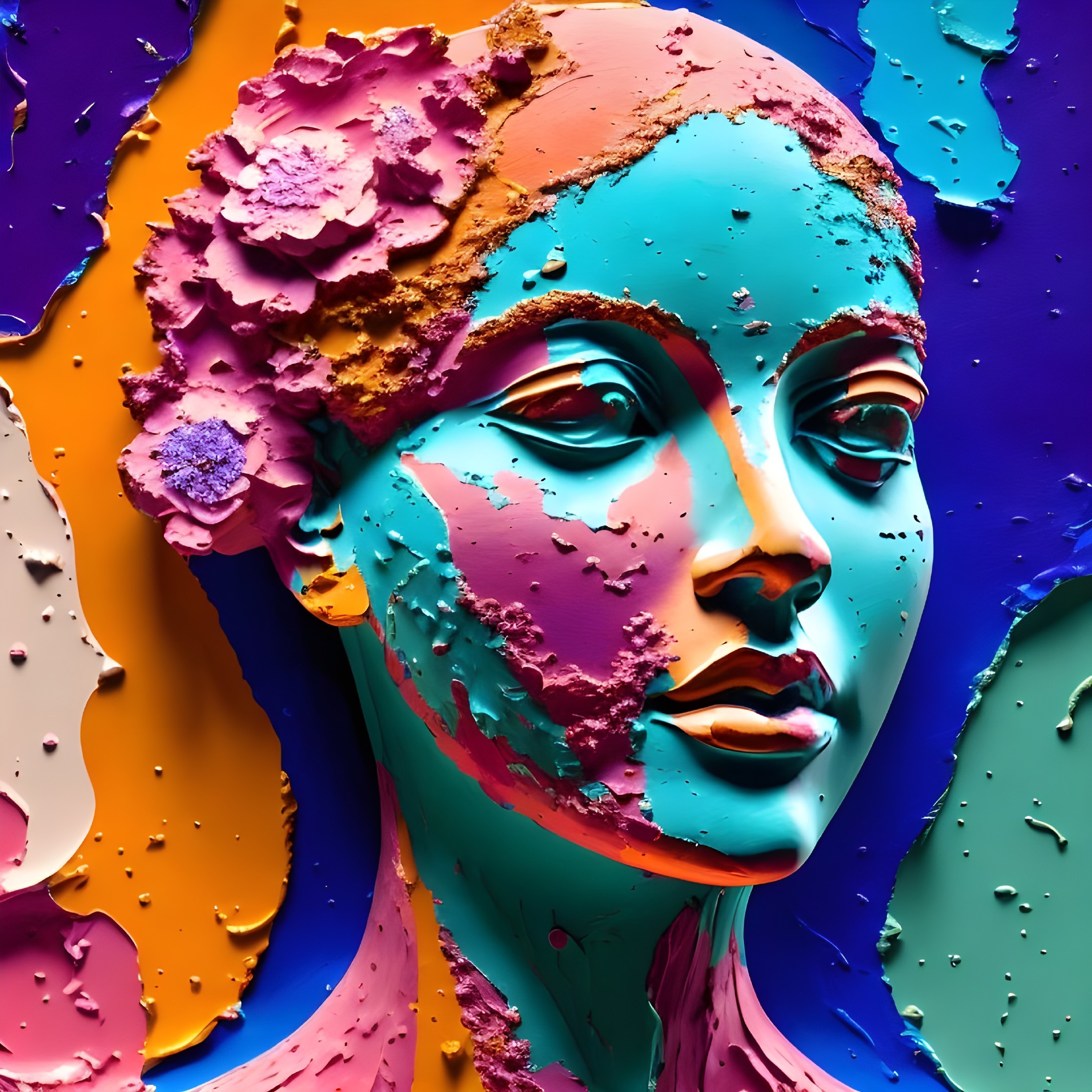 Vibrant sculpture of a female face with floral details