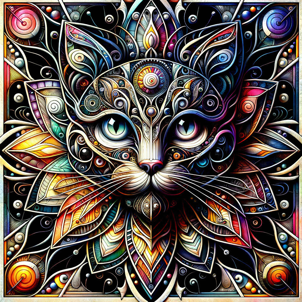 Vibrant Cat Face Illustration with Mandala Patterns