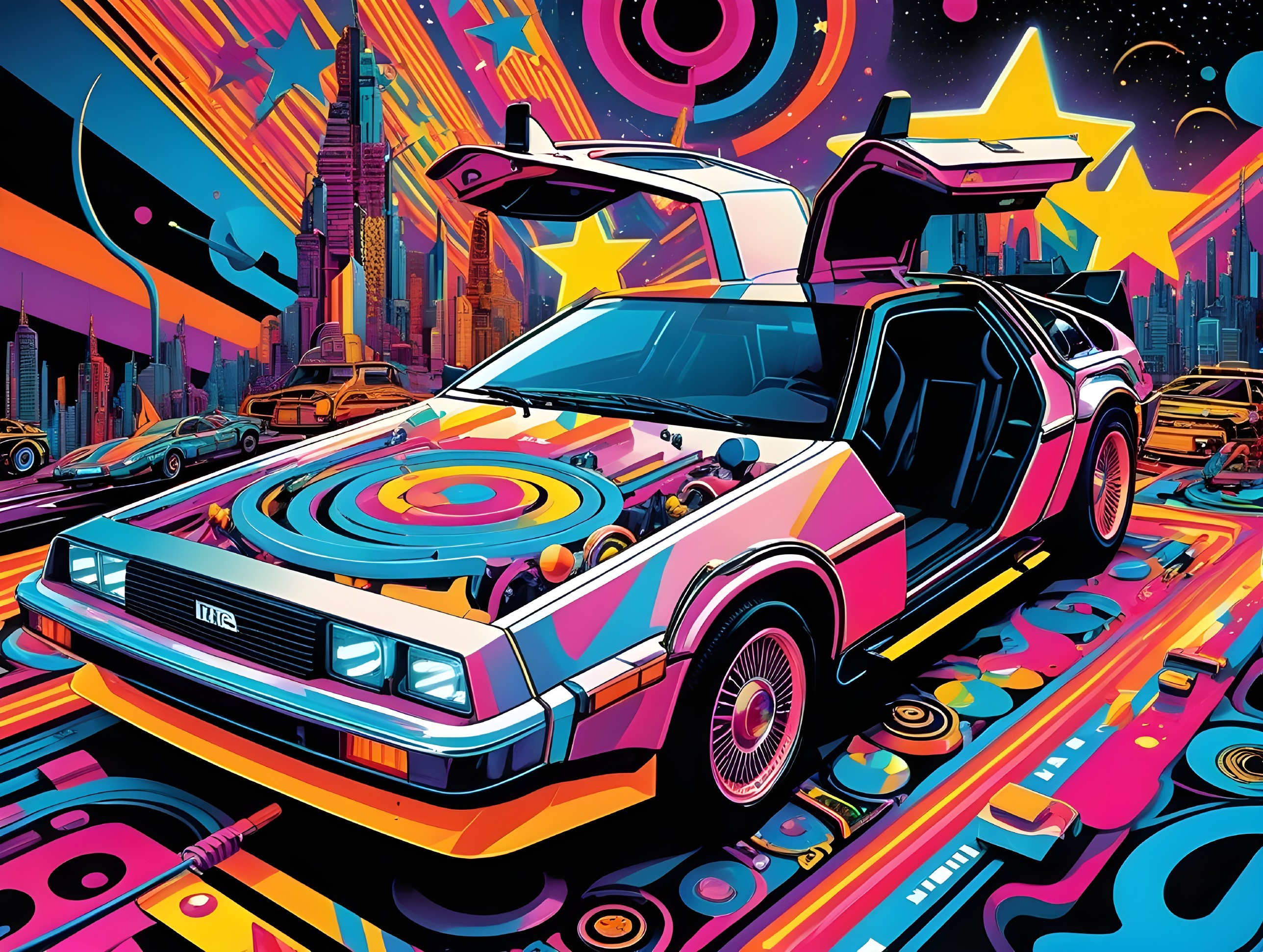 Retro-Futuristic DeLorean in Surreal Cityscape