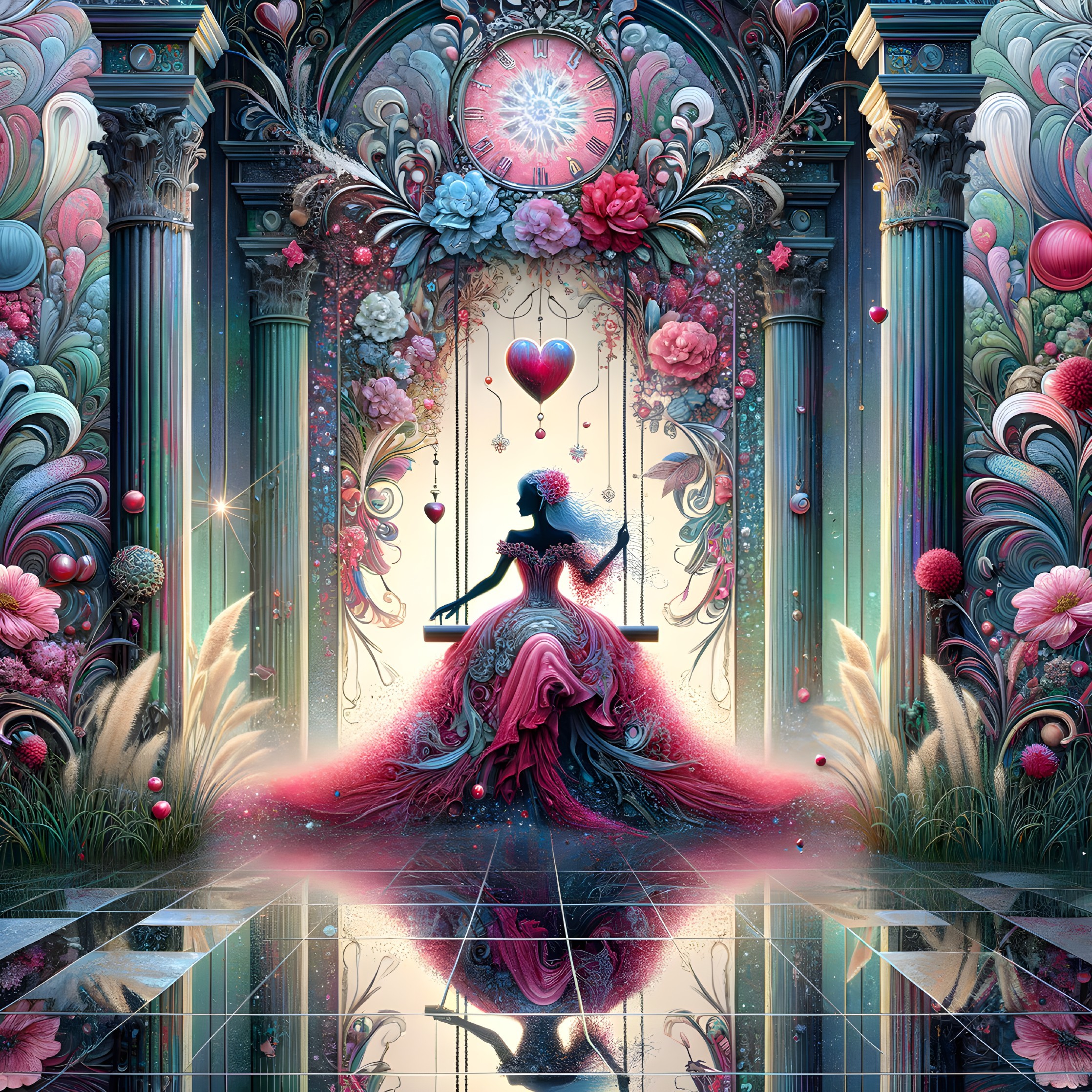 Whimsical Scene of Woman in Vibrant Gown and Archway