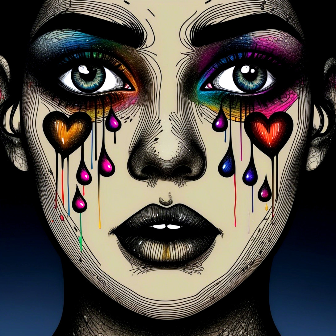 Portrait with Colorful Makeup and Heart-Shaped Tears