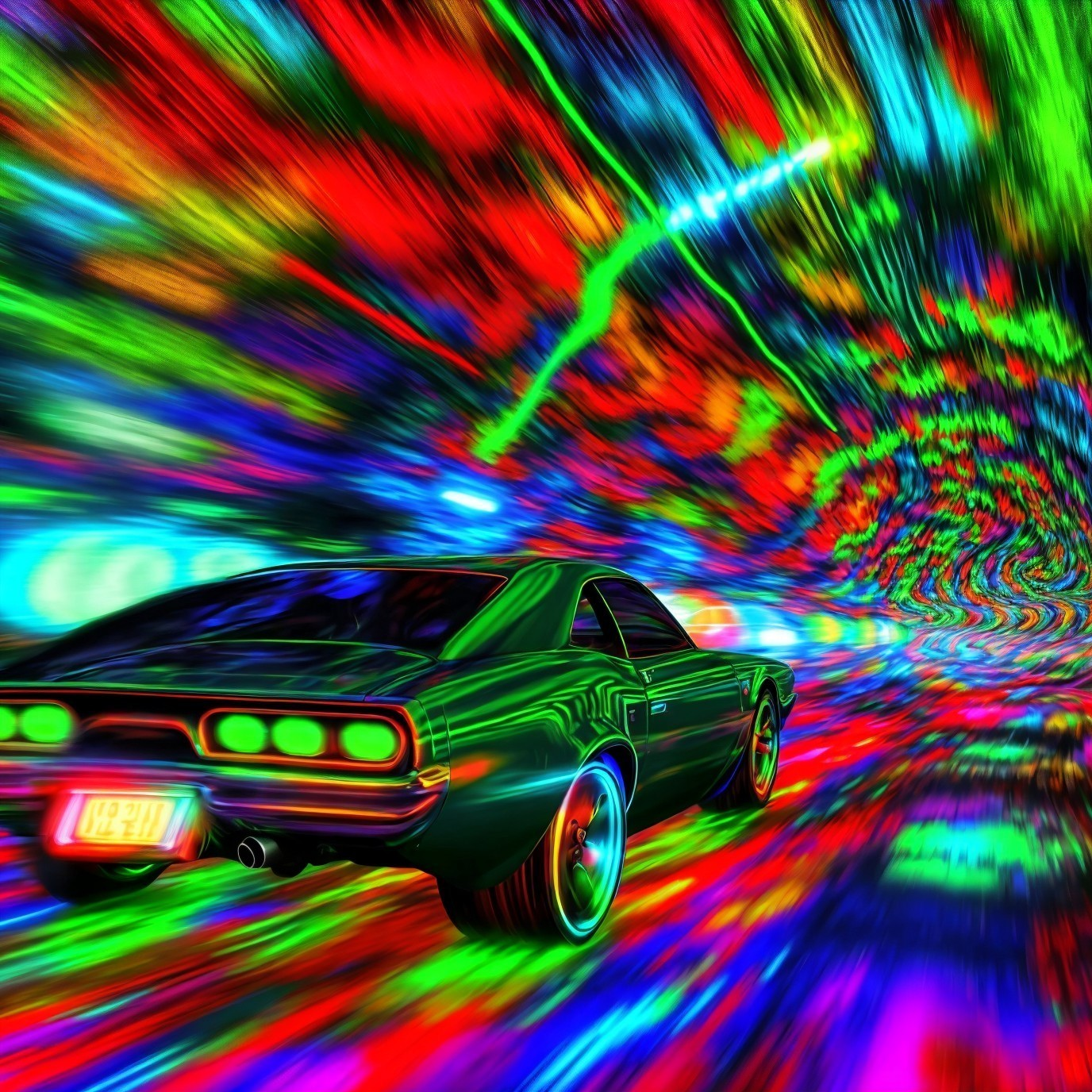 Psychedelic Green Car in Neon Color Vortex Scene