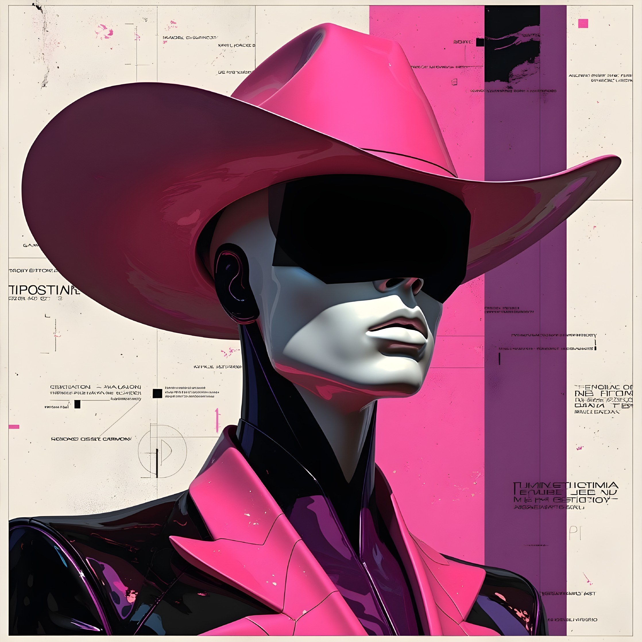 Futuristic Mannequin in Glossy Black Suit and Pink Hat