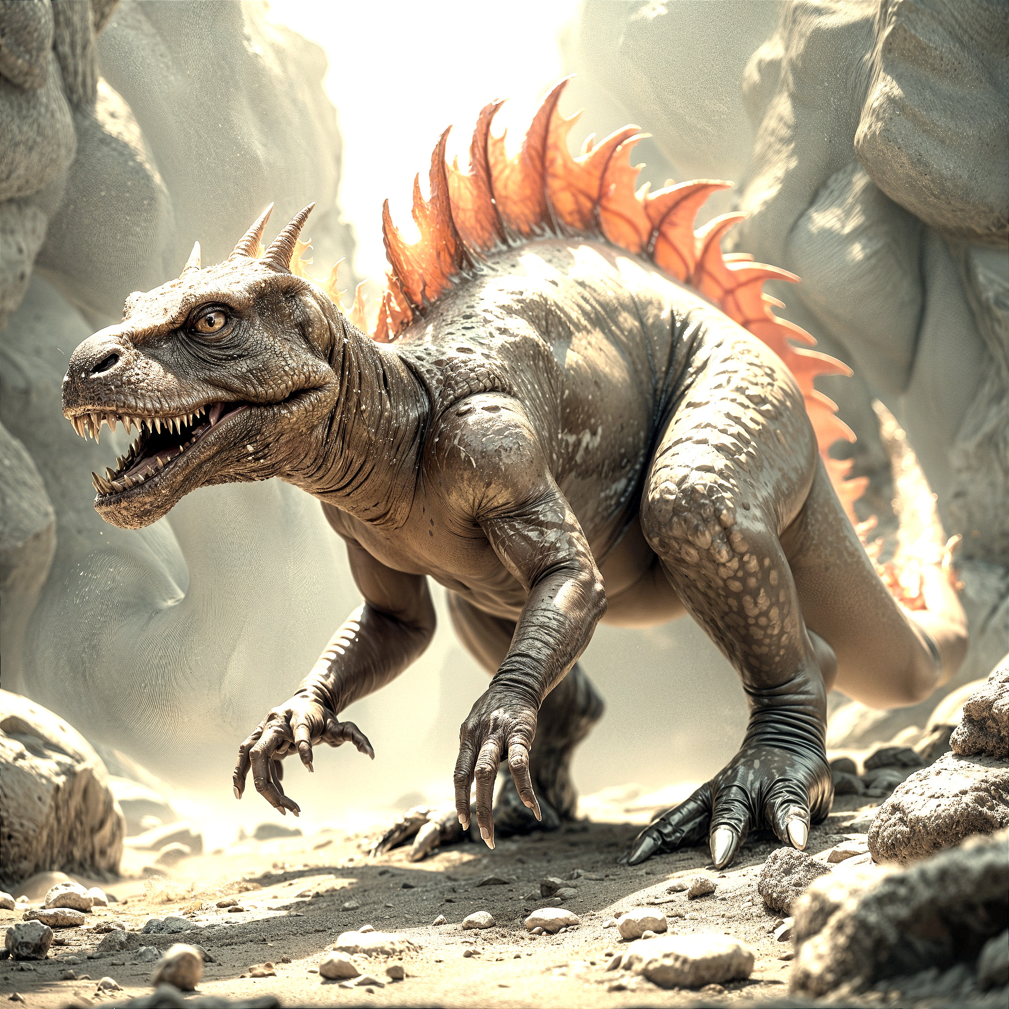 Dinosaur-like Creature in Rocky Canyon with Spikes