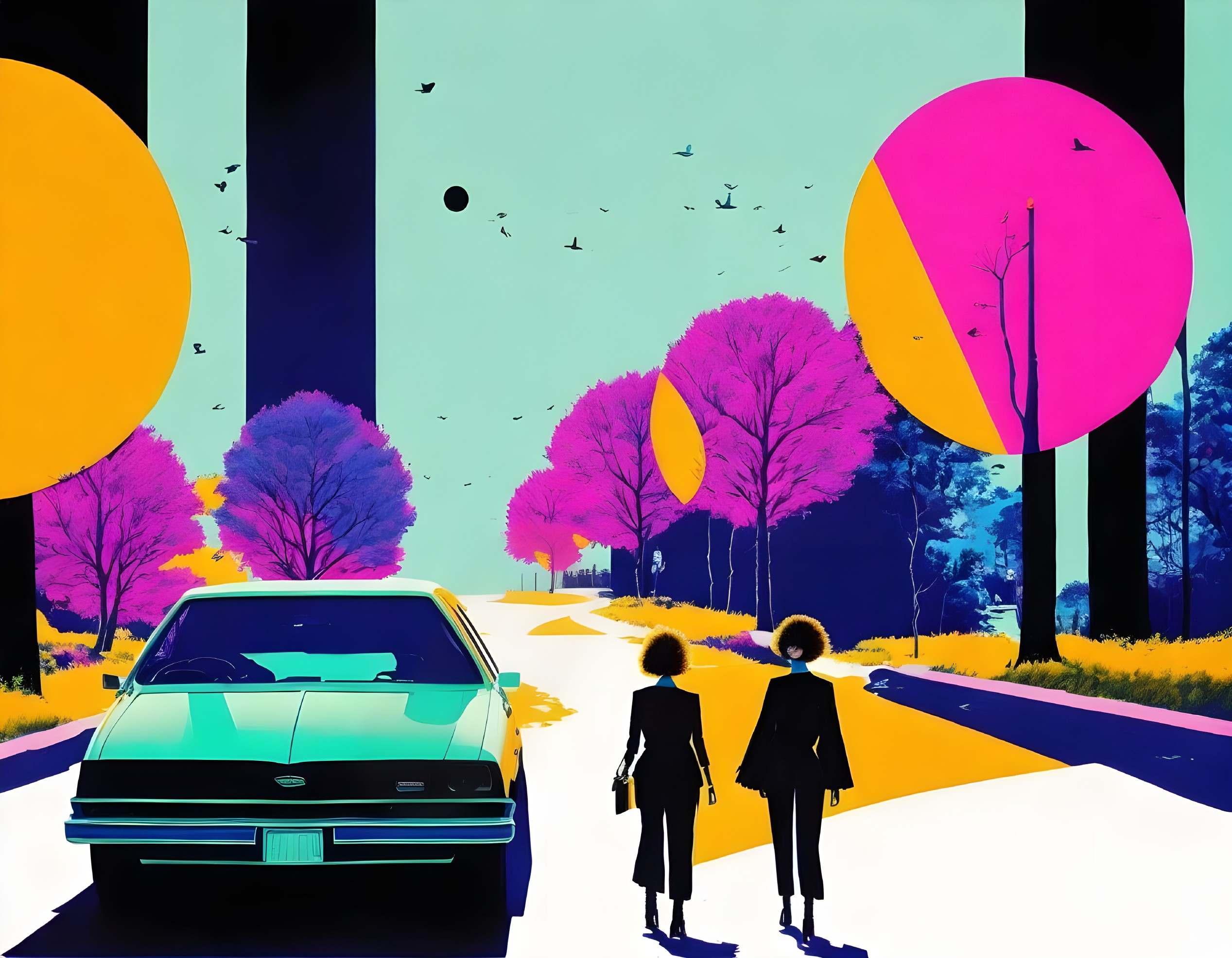 Surreal Landscape with Women and Colorful Trees