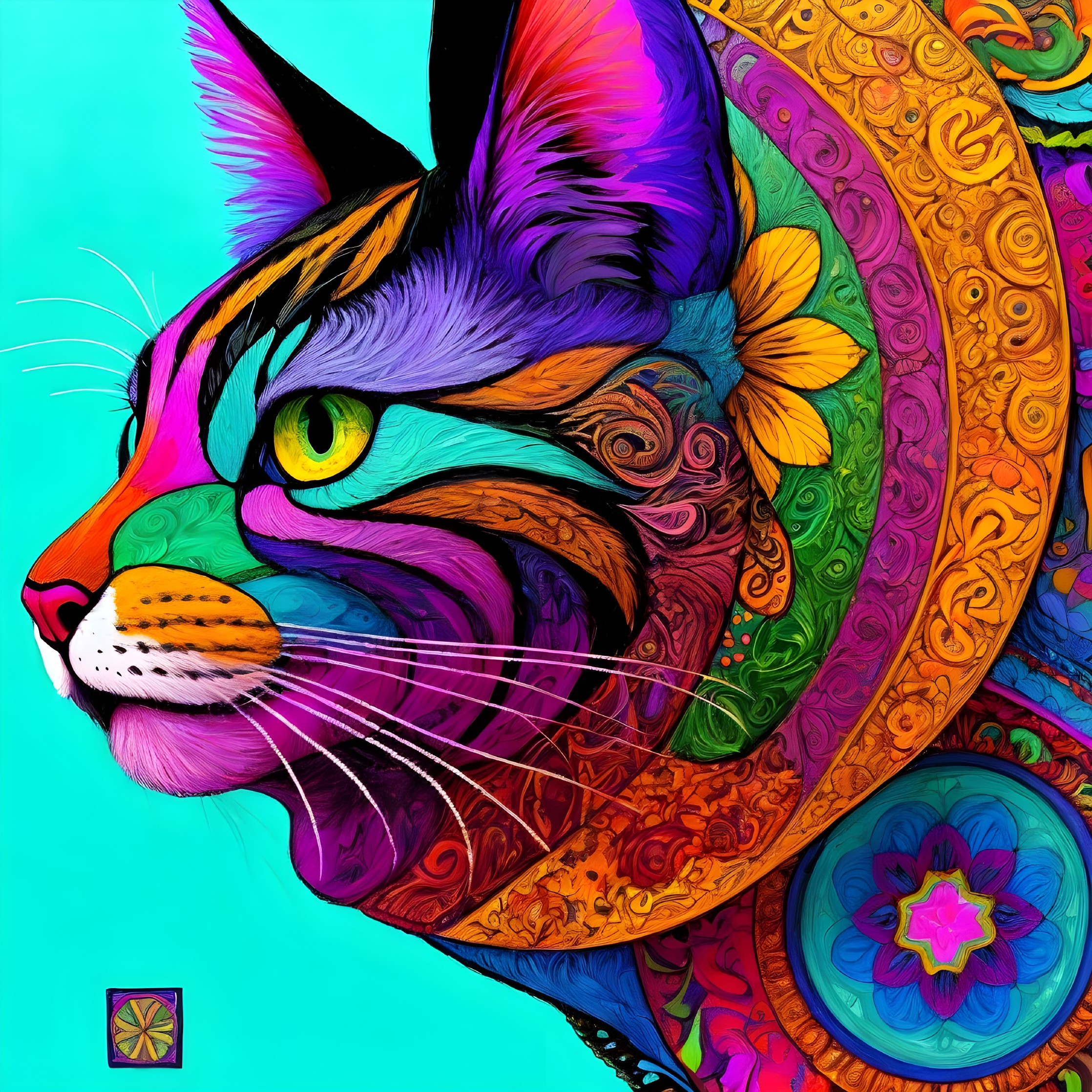 Vibrant Cat Face Artwork with Colorful Patterns