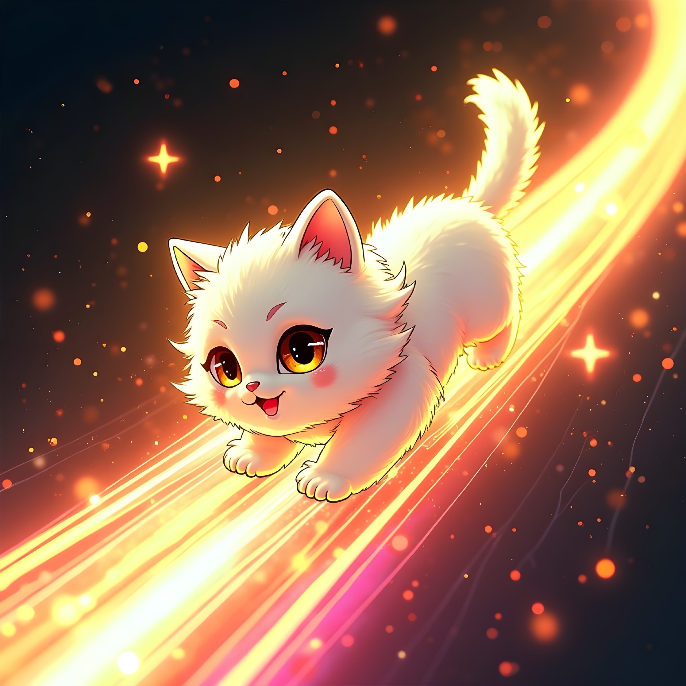 Fluffy White Kitten Playfully Frolicking in Light