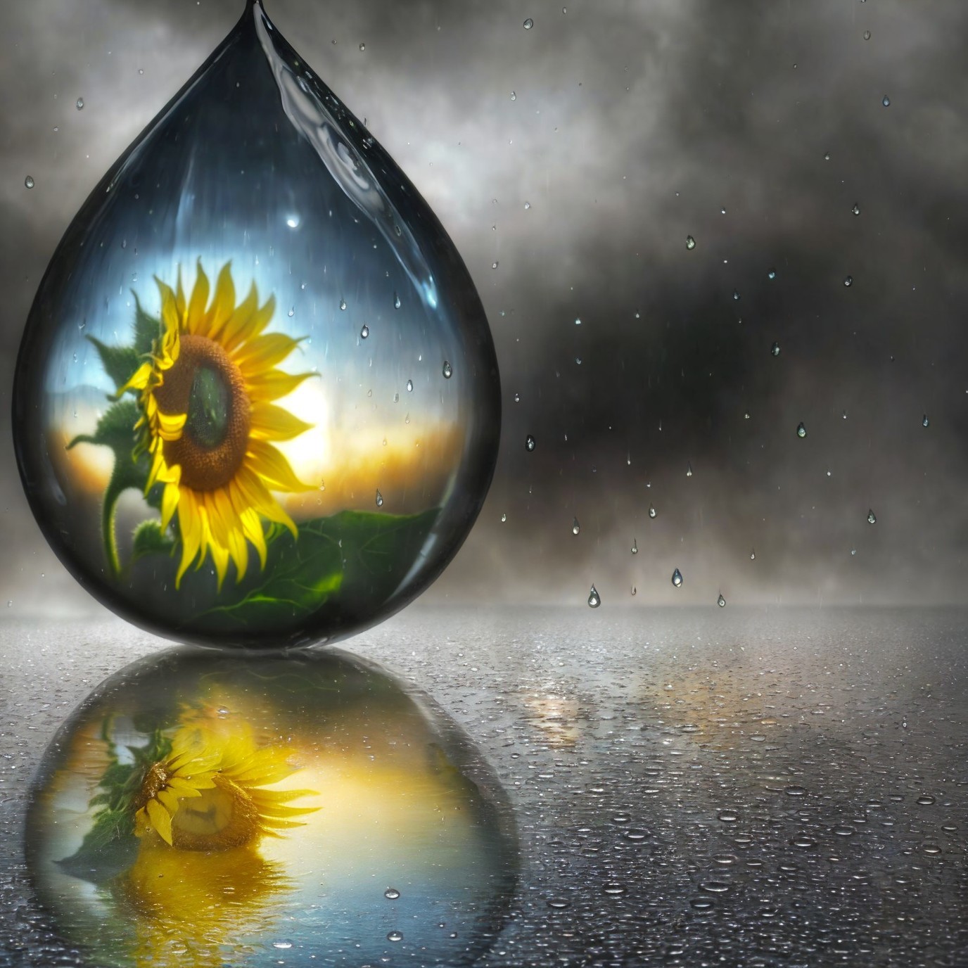 Sunflower Reflection in Water Droplet on Cloudy Day