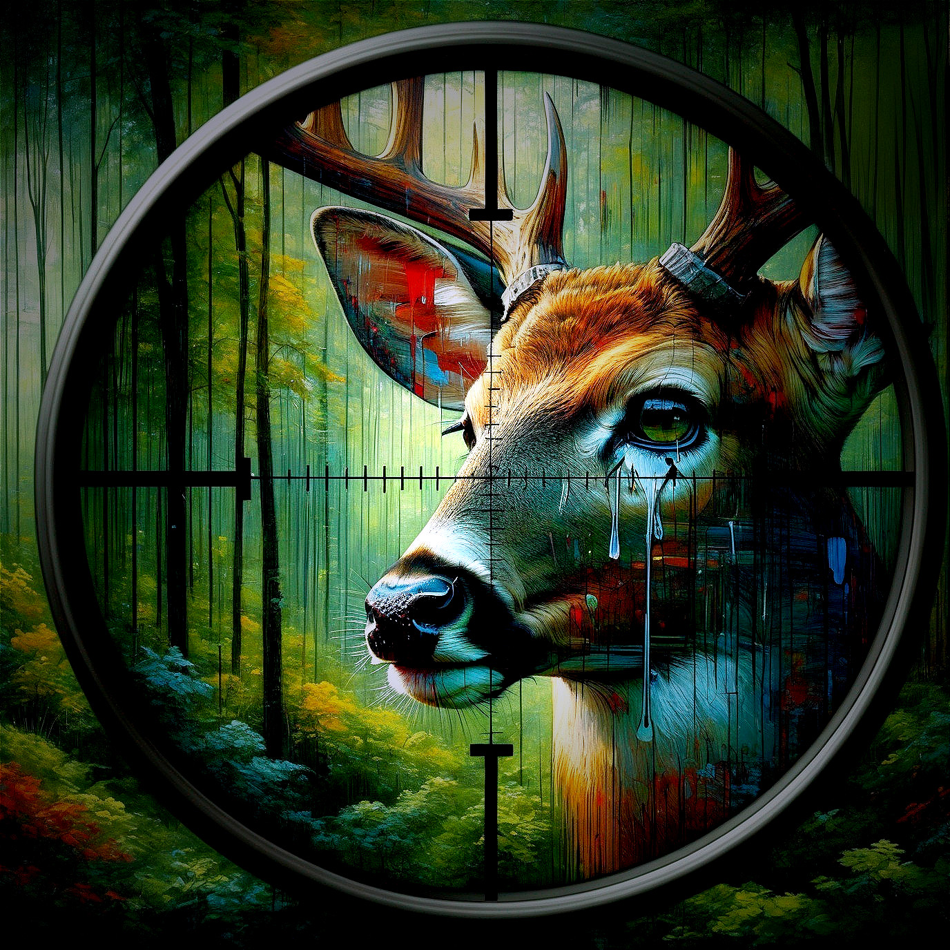 Vibrant Deer in Sniper Scope with Lush Forest Background