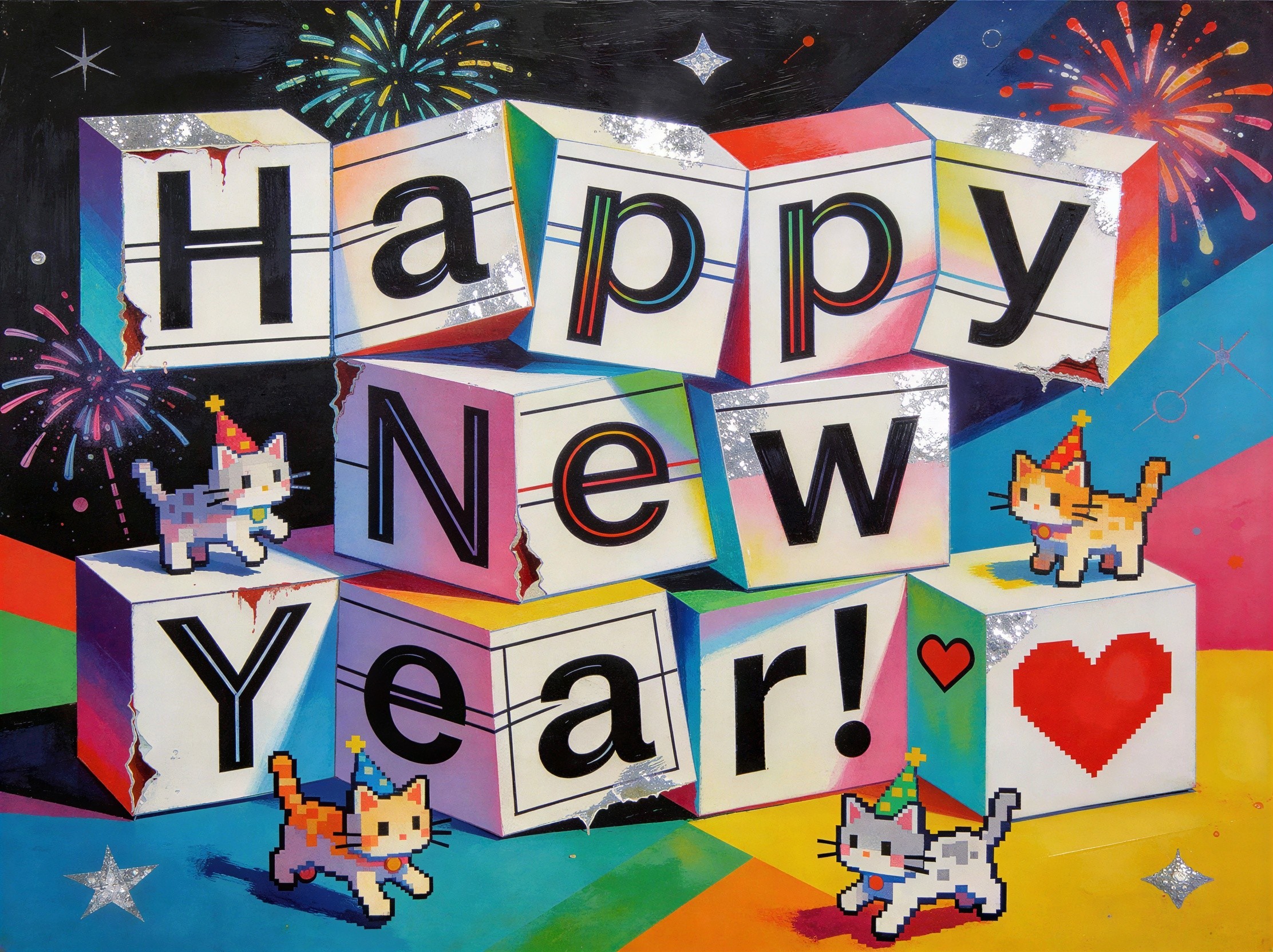 Pixelated Cats Celebrate New Year with Colorful Fireworks